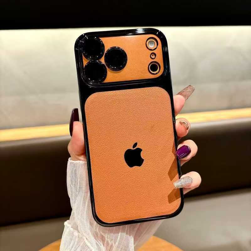 spliced electroplated leather textured iPhone protective case-brown